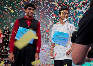 The 2014 Scripps National Spelling Bee Co-Champions Ansun Sujoe, left, of Fort Worth, Texas, and Sriram Hathwar, of Painted Post, N.Y., celebrate after winning the Scripps National Spelling Bee competition, Thursday at National Harbor in Oxon Hill, Md. (Manuel Balce Ceneta/Associated Press)
