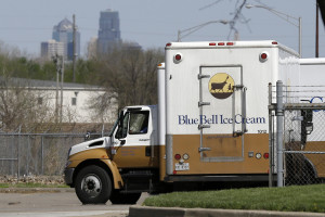 In this April 10, 2015 file photo, Blue Bell delivery trucks are parked at the creamery's location in Kansas City, Kansas. Blue Bell ice cream had evidence of listeria bacteria in its Oklahoma manufacturing plant as far back as March 2013, a government investigation released Thursday says. The company then continued to ship ice cream produced in that plant after what the Food and Drug Administration says was inadequate cleaning. (AP Photo/Orlin Wagner, File)