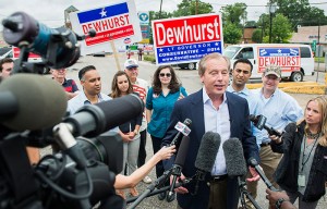 Lt. Gov. David Dewhurst addresses the media outside a polling place at the Trini Mendenhall Community Center on Tuesday. He lost his re-election bid to state Sen. Dan Patrick in a runoff election to claim the Republican spot on the ballot in November. Dewhurst was first elected to the post in 2002. (Smiley N. Pool/Houston Chronicle, The Associated Press).