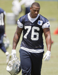 Dallas Cowboys defensive end Greg Hardy looks on during an NFL football organized team activity, Wednesday, May 27, 2015, in Irving, Texas. (AP Photo/Brandon Wade)