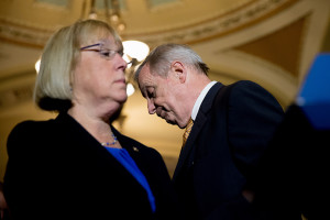 Sen. Patty Murray, D-Wash., left, and Senate Minority Whip Richard Durbin of Ill., right, attend a news conference on Capitol Hill in Washington, Tuesday, June 2, 2015, following a Senate policy luncheon, as legislation to end the National Security Agency's collection of Americans' calling records while preserving other surveillance authorities is expected to clear the Senate late Tuesday. But House leaders have warned their Senate counterparts not to proceed with planned changes to a House version. (AP Photo/Andrew Harnik)