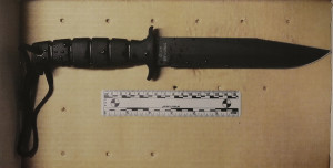 The knife brandished by a man under surveillance by a joint terrorism task force who was shot and killed outside a pharmacy Tuesday is displayed during a news conference at the Boston Police Department Headquarters Tuesday, June 2, 2015, in Boston. (AP Photo/Stephan Savoia)