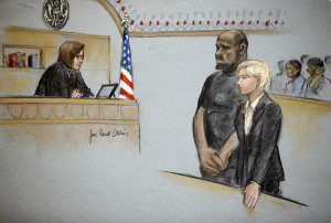 In this courtroom sketch, David Wright, second from left, is depicted standing with his attorney Jessica Hedges, right, as Magistrate Judge M. Page Kelley presides, left, during a hearing Wednesday, June 3, 2015, in federal court in Boston. Wright was ordered held Wednesday on a charge of conspiracy with intent to obstruct a federal investigation in the case of Usaama Rahim, who while under surveillance by terrorism investigators, was killed after he lunged with a knife at a Boston police officer and an FBI agent. (Jane Flavell Collins via AP)